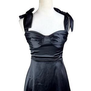 Lucy in the Sky Black Satin Mini Adjustable Tie Straps Zip Up Babydoll Dress